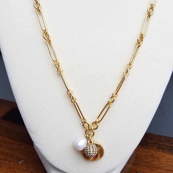 NWT J Crew Paper Clip Chain Charm Necklace Freshwater Pearl Pave Crystal Ball - Picture 9 of 11